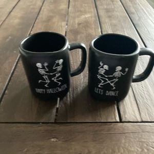 Set Of 2 Rae Dunn Magenta Skeleton Black Mugs “Let’s Dance”“Happy Halloween”